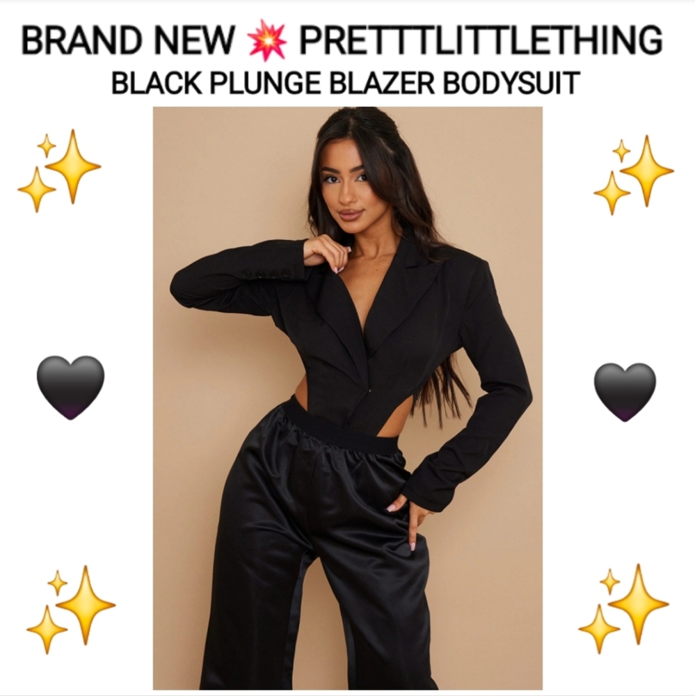PrettyLittleThing Black Plunge Blazer Bodysuit, Size 14